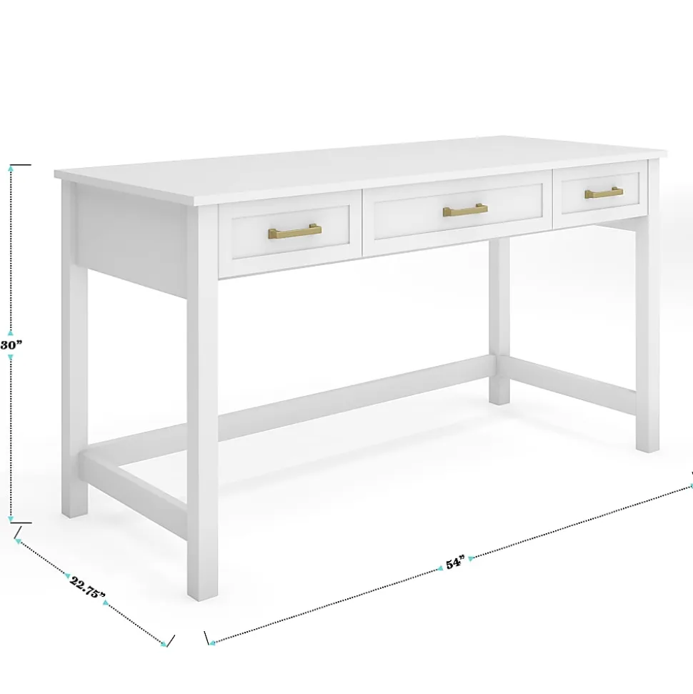 Martha Stewart Hutton Shaker Style Home Office 3 Drawer Desk, White Frame/Polished Brass Hardware
