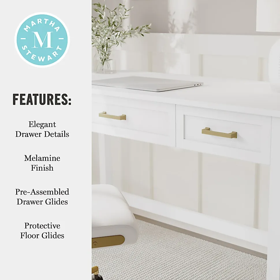 Martha Stewart Hutton Shaker Style Home Office 3 Drawer Desk, White Frame/Polished Brass Hardware