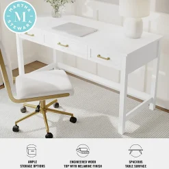 Martha Stewart Hutton Shaker Style Home Office 3 Drawer Desk, White Frame/Polished Brass Hardware