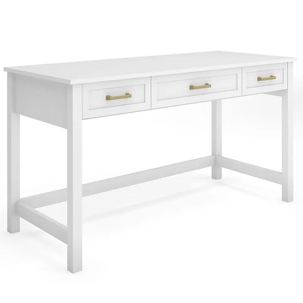 Martha Stewart Hutton Shaker Style Home Office 3 Drawer Desk, White Frame/Polished Brass Hardware