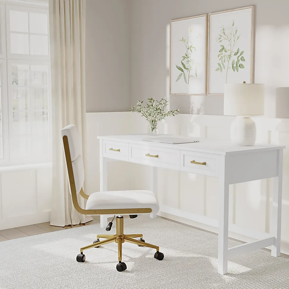 Martha Stewart Hutton Shaker Style Home Office 3 Drawer Desk, White Frame/Polished Brass Hardware