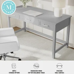 Martha Stewart Hutton Shaker Style Home Office 3 Drawer Desk, Gray Frame/Brushed Nickel Hardware