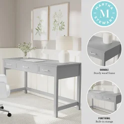 Martha Stewart Hutton Shaker Style Home Office 3 Drawer Desk, Gray Frame/Brushed Nickel Hardware