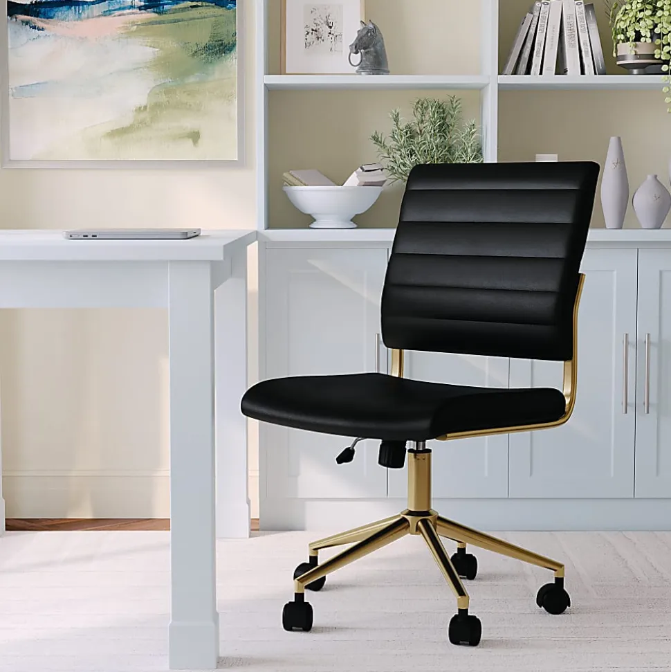 Martha Stewart Ivy Faux Leather Upholstered Mid-Back Executive Office Chair, Black/Polished Brass