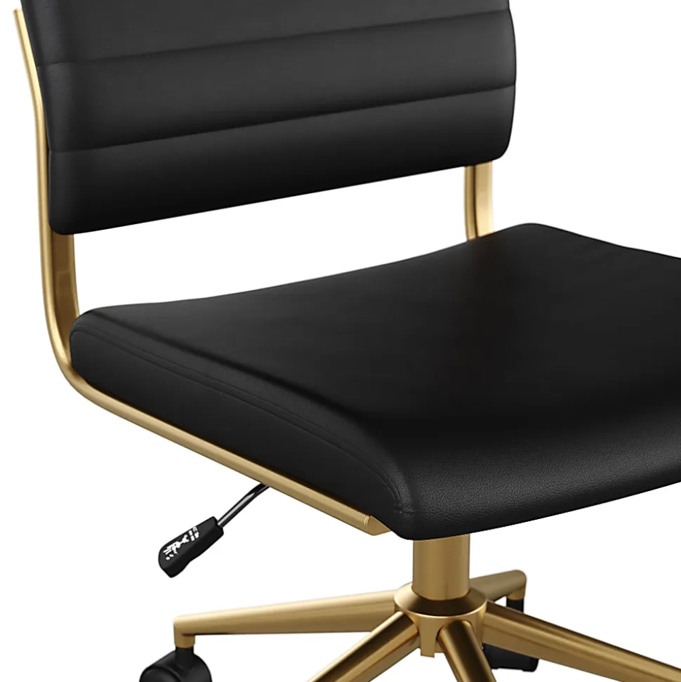 Martha Stewart Ivy Faux Leather Upholstered Mid-Back Executive Office Chair, Black/Polished Brass
