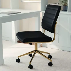 Martha Stewart Ivy Faux Leather Upholstered Mid-Back Executive Office Chair, Black/Polished Brass