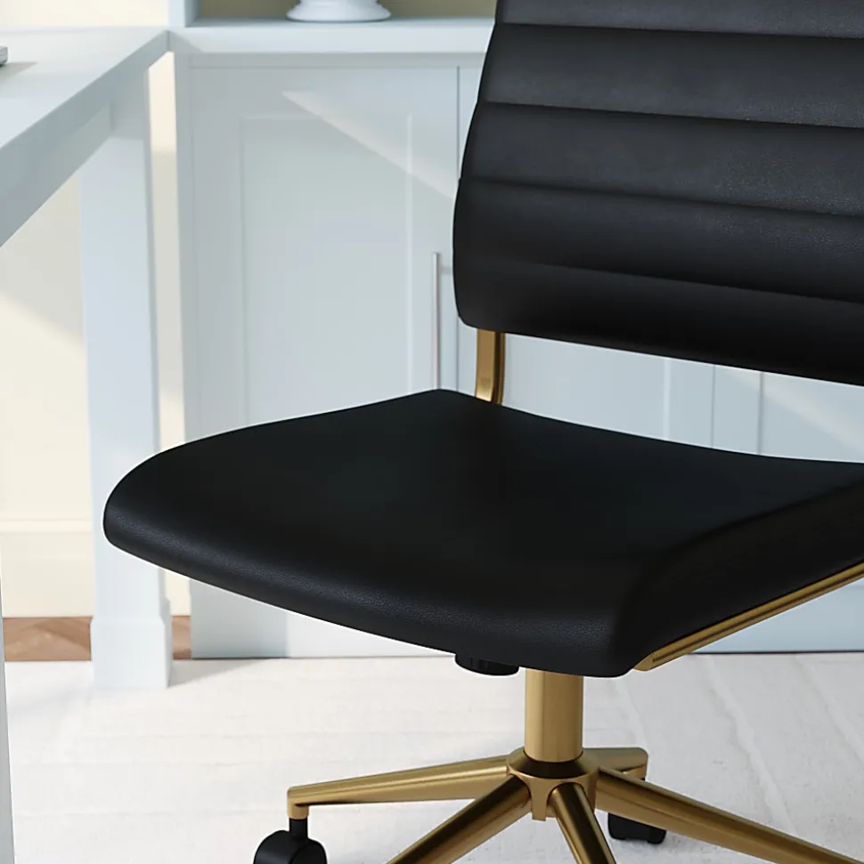 Martha Stewart Ivy Faux Leather Upholstered Mid-Back Executive Office Chair, Black/Polished Brass