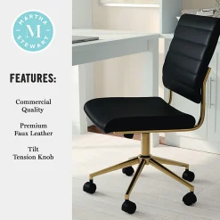 Martha Stewart Ivy Faux Leather Upholstered Mid-Back Executive Office Chair, Black/Polished Brass