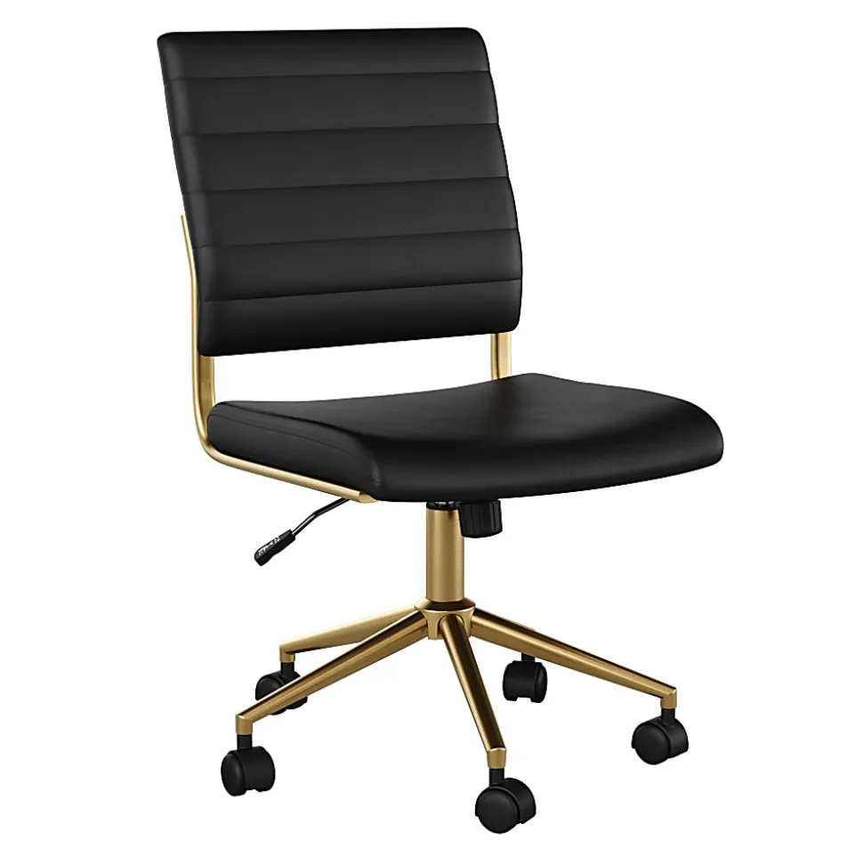 Martha Stewart Ivy Faux Leather Upholstered Mid-Back Executive Office Chair, Black/Polished Brass