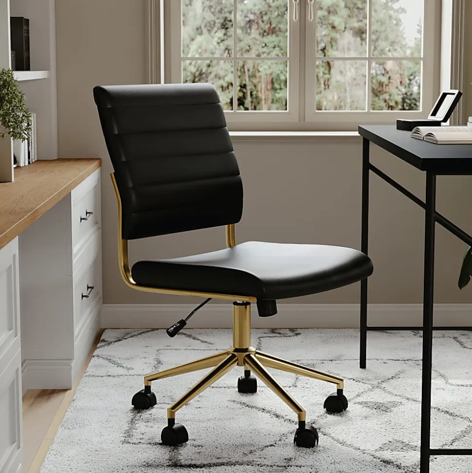Martha Stewart Ivy Faux Leather Upholstered Mid-Back Executive Office Chair, Black/Polished Brass