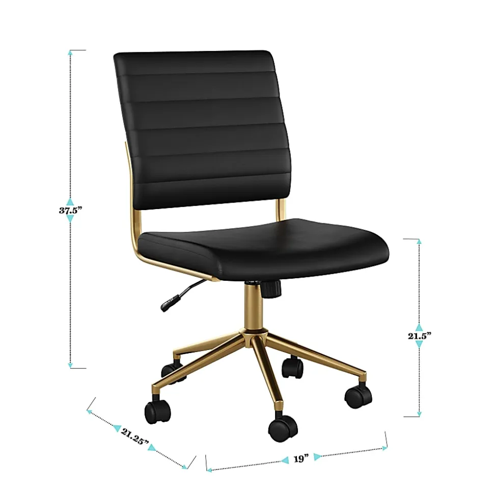Martha Stewart Ivy Faux Leather Upholstered Mid-Back Executive Office Chair, Black/Polished Brass