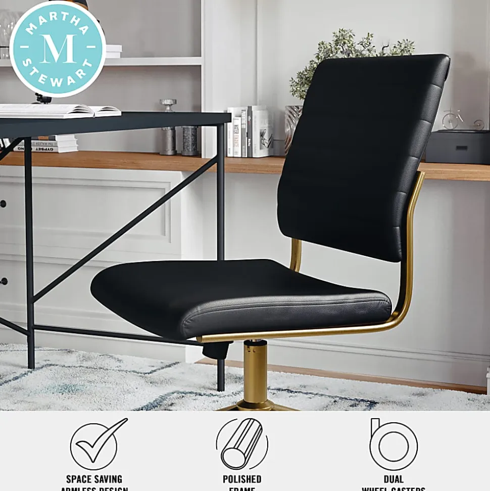 Martha Stewart Ivy Faux Leather Upholstered Mid-Back Executive Office Chair, Black/Polished Brass