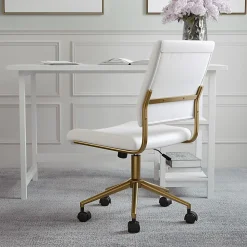Martha Stewart Ivy Faux Leather Upholstered Mid-Back Executive Office Chair, White/Polished Brass