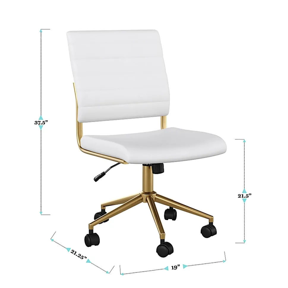 Martha Stewart Ivy Faux Leather Upholstered Mid-Back Executive Office Chair, White/Polished Brass