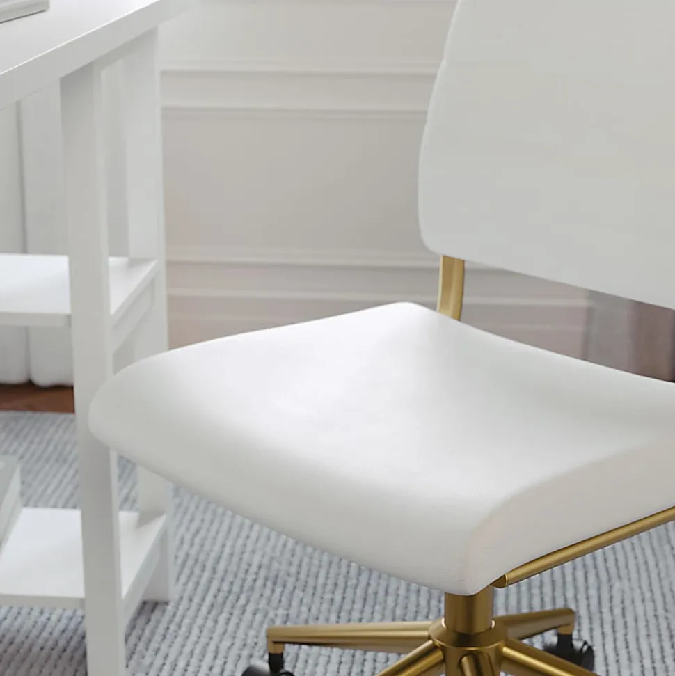 Martha Stewart Ivy Faux Leather Upholstered Mid-Back Executive Office Chair, White/Polished Brass