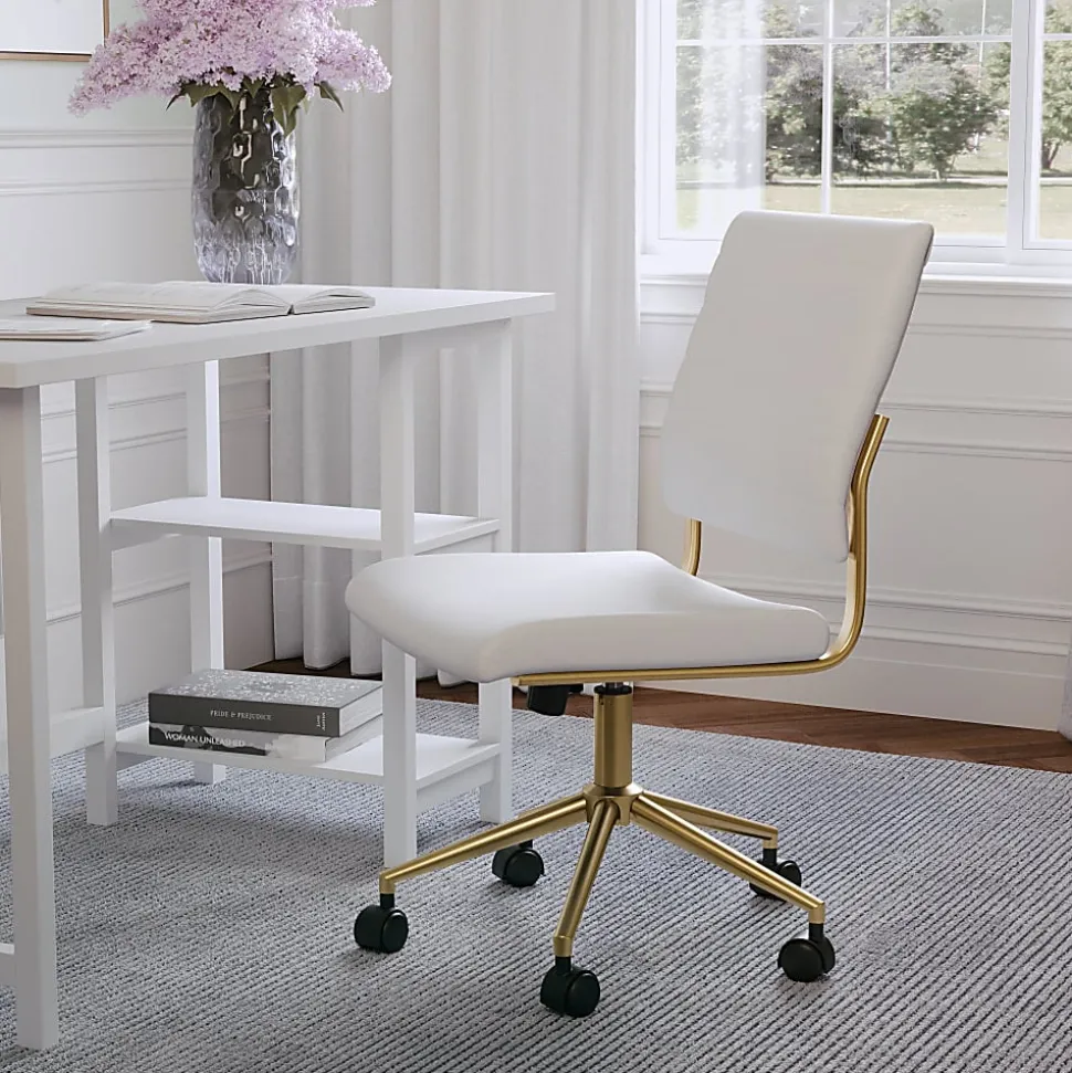 Martha Stewart Ivy Faux Leather Upholstered Mid-Back Executive Office Chair, White/Polished Brass