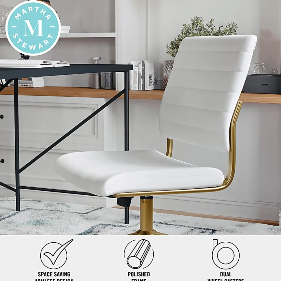 Martha Stewart Ivy Faux Leather Upholstered Mid-Back Executive Office Chair, White/Polished Brass
