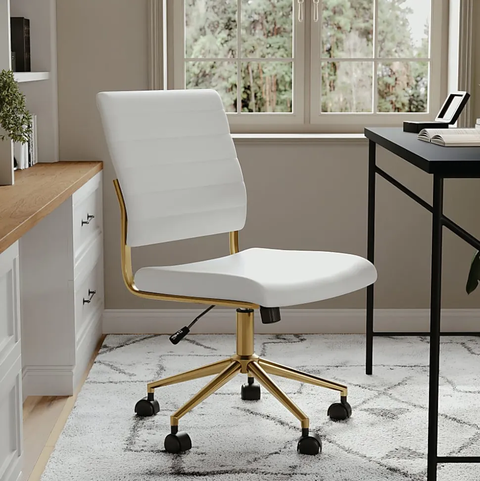 Martha Stewart Ivy Faux Leather Upholstered Mid-Back Executive Office Chair, White/Polished Brass