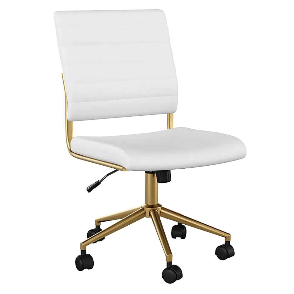 Martha Stewart Ivy Faux Leather Upholstered Mid-Back Executive Office Chair, White/Polished Brass
