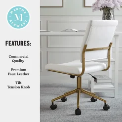 Martha Stewart Ivy Faux Leather Upholstered Mid-Back Executive Office Chair, White/Polished Brass