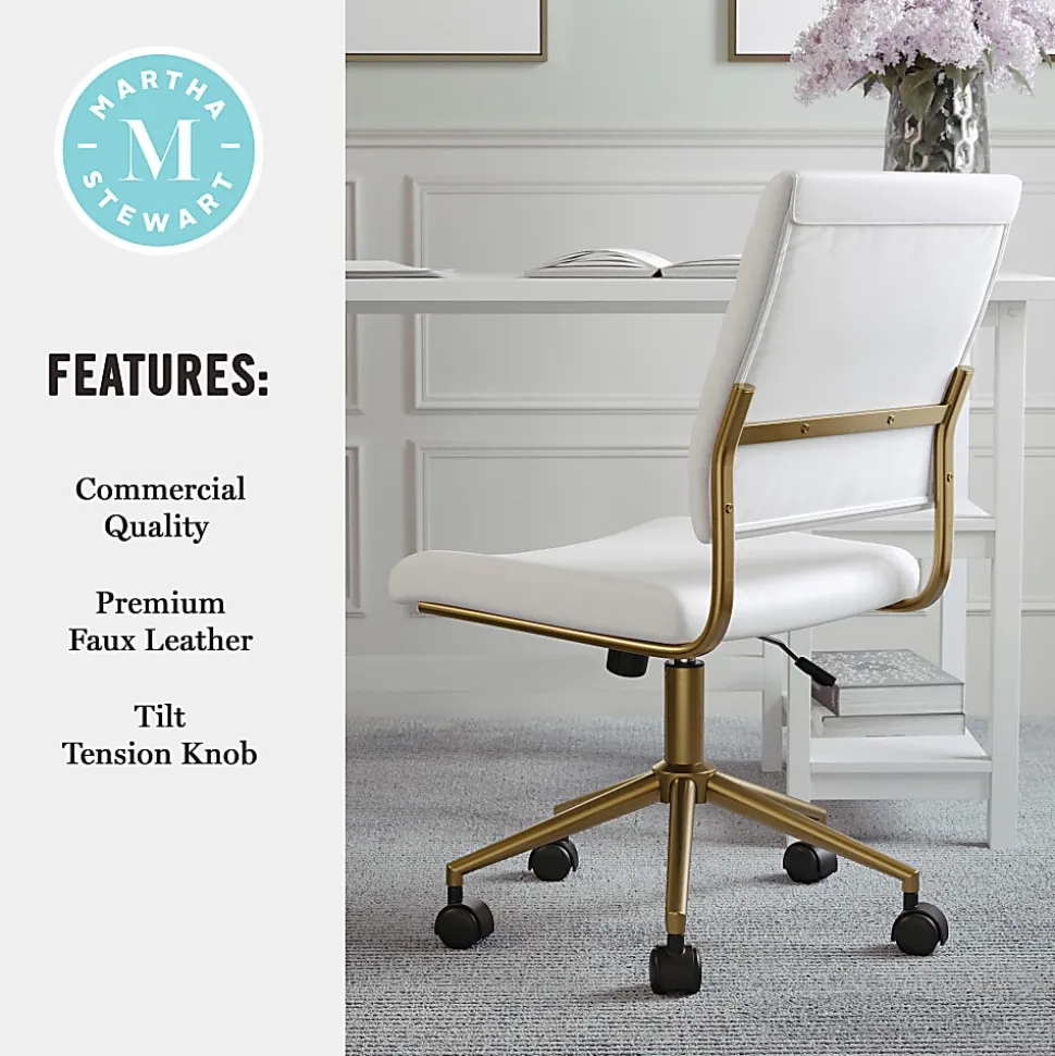 Martha Stewart Ivy Faux Leather Upholstered Mid-Back Executive Office Chair, White/Polished Brass