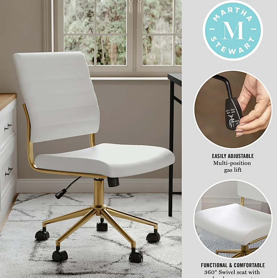 Martha Stewart Ivy Faux Leather Upholstered Mid-Back Executive Office Chair, White/Polished Brass
