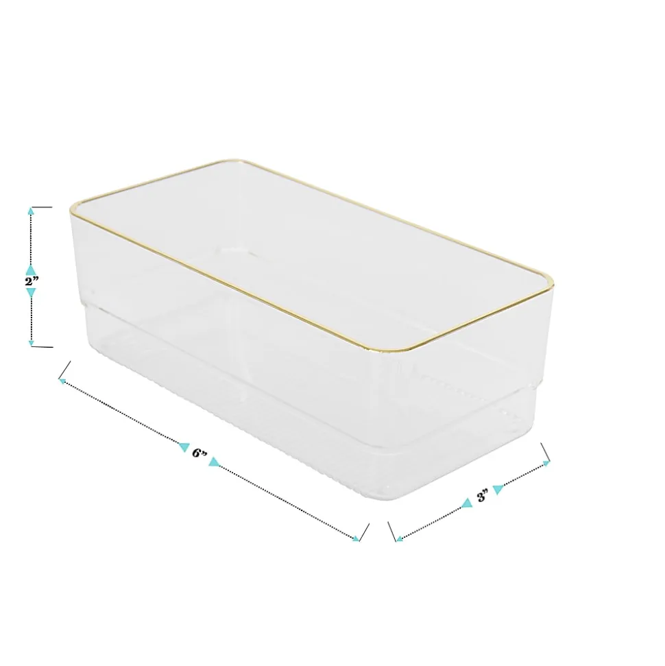Martha Stewart Kerry Plastic Stackable Office Desk Drawer Organizers, 2"H x 3"W x 6"D, Clear/Gold Trim, Pack Of 6 Organizers