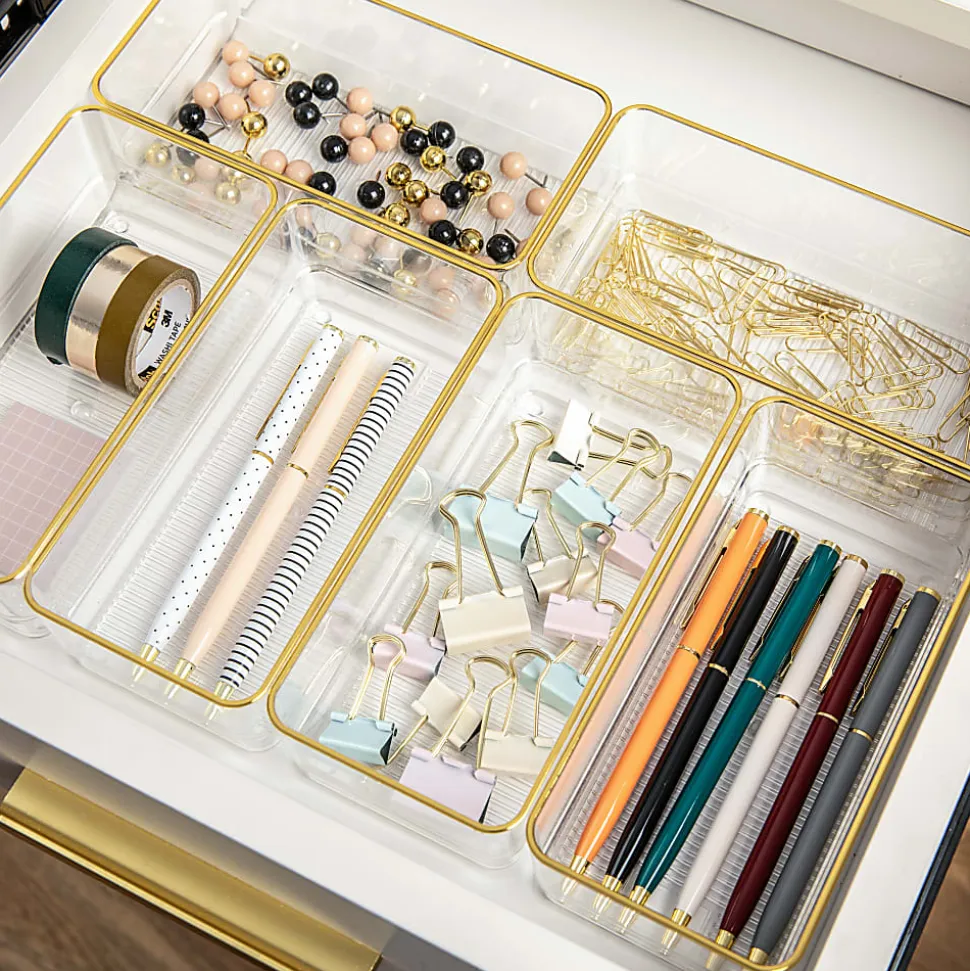 Martha Stewart Kerry Plastic Stackable Office Desk Drawer Organizers, 2"H x 3"W x 6"D, Clear/Gold Trim, Pack Of 6 Organizers