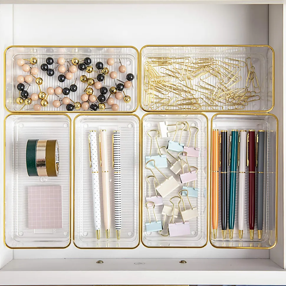 Martha Stewart Kerry Plastic Stackable Office Desk Drawer Organizers, 2"H x 3"W x 6"D, Clear/Gold Trim, Pack Of 6 Organizers