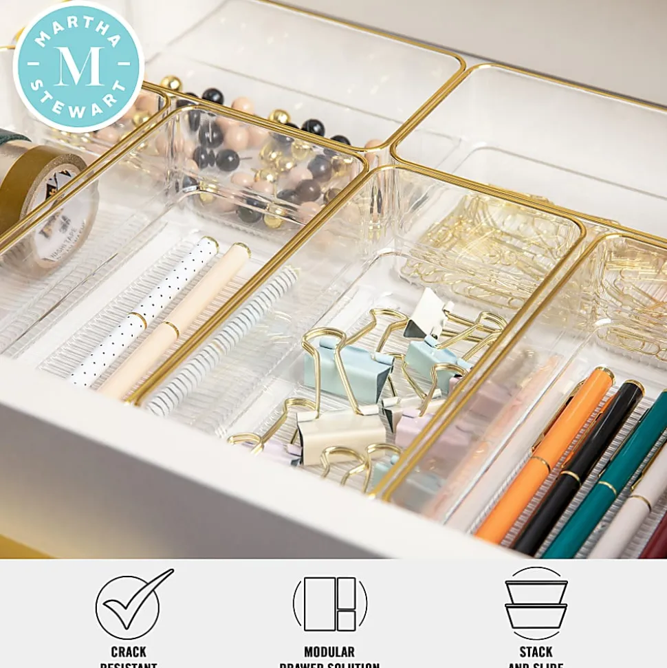 Martha Stewart Kerry Plastic Stackable Office Desk Drawer Organizers, 2"H x 3"W x 6"D, Clear/Gold Trim, Pack Of 6 Organizers