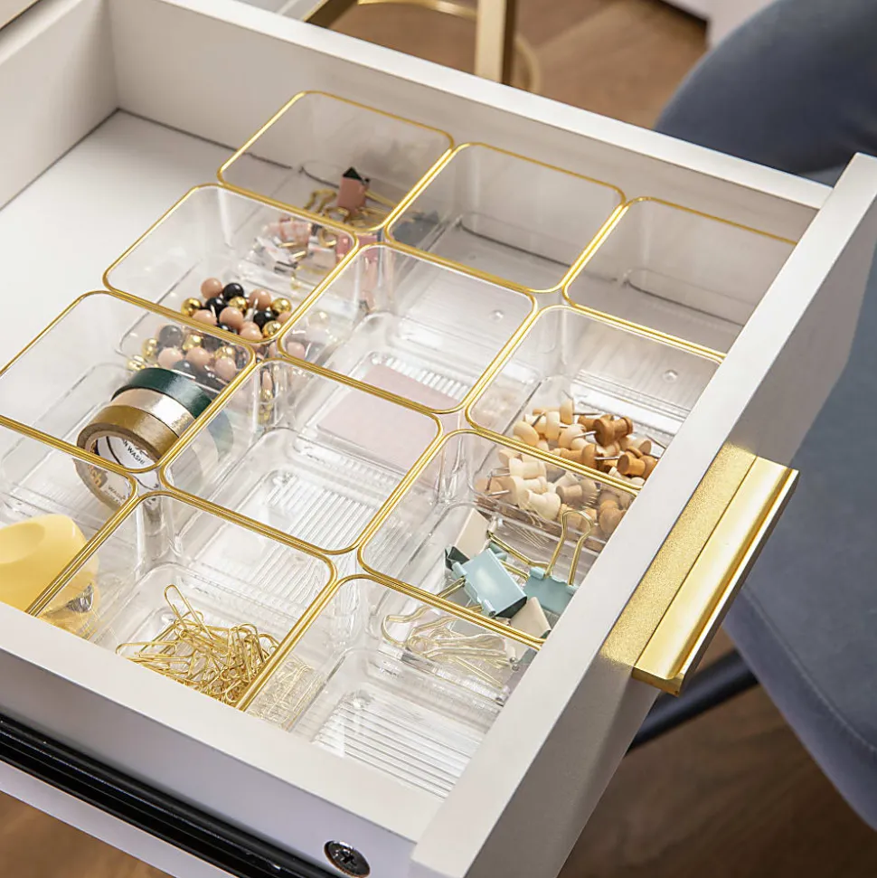Martha Stewart Kerry Plastic Stackable Office Desk Drawer Organizers, 2"H x 3"W x 3"D, Clear/Gold Trim, Pack Of 12 Organizers