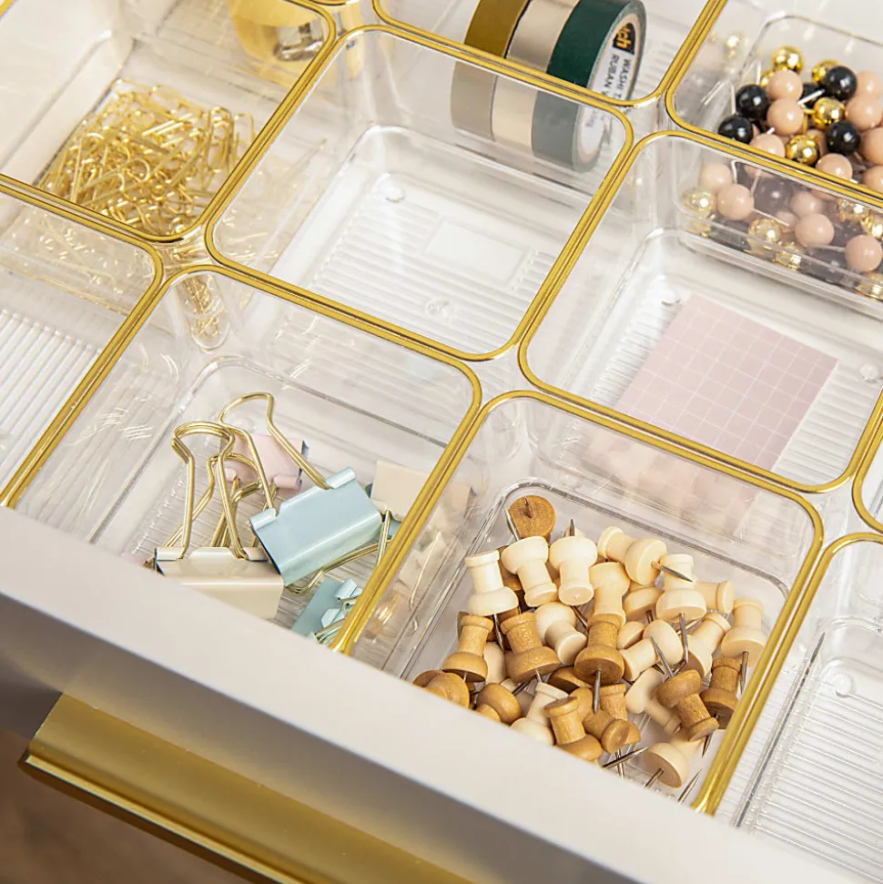 Martha Stewart Kerry Plastic Stackable Office Desk Drawer Organizers, 2"H x 3"W x 3"D, Clear/Gold Trim, Pack Of 12 Organizers