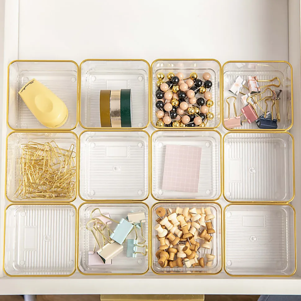 Martha Stewart Kerry Plastic Stackable Office Desk Drawer Organizers, 2"H x 3"W x 3"D, Clear/Gold Trim, Pack Of 12 Organizers