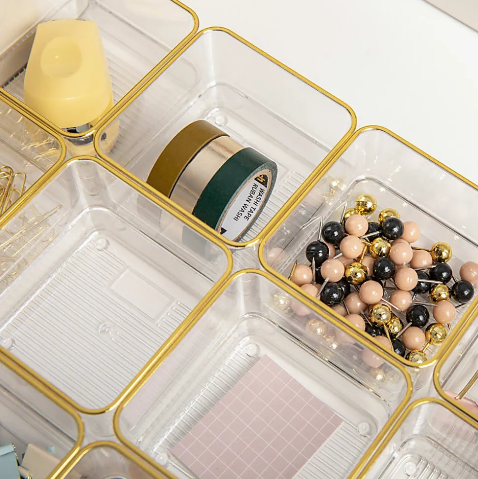 Martha Stewart Kerry Plastic Stackable Office Desk Drawer Organizers, 2"H x 3"W x 3"D, Clear/Gold Trim, Pack Of 12 Organizers