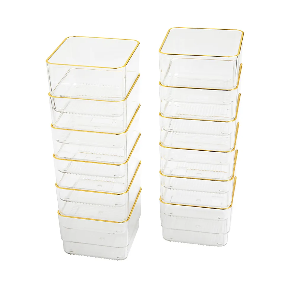 Martha Stewart Kerry Plastic Stackable Office Desk Drawer Organizers, 2"H x 3"W x 3"D, Clear/Gold Trim, Pack Of 12 Organizers