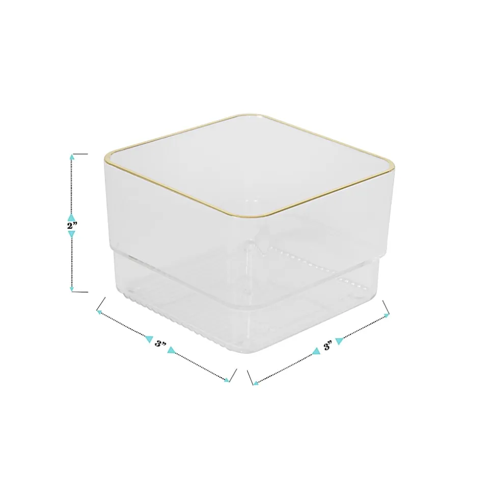 Martha Stewart Kerry Plastic Stackable Office Desk Drawer Organizers, 2"H x 3"W x 3"D, Clear/Gold Trim, Pack Of 12 Organizers