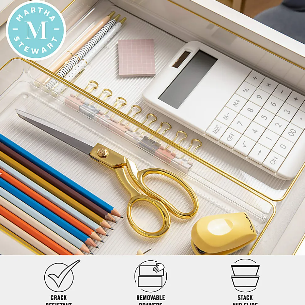 Martha Stewart Kerry Plastic Stackable Office Desk Drawer Organizers, 2"H x 6"W x 12"D, Clear/Gold Trim, Pack Of 3 Organizers