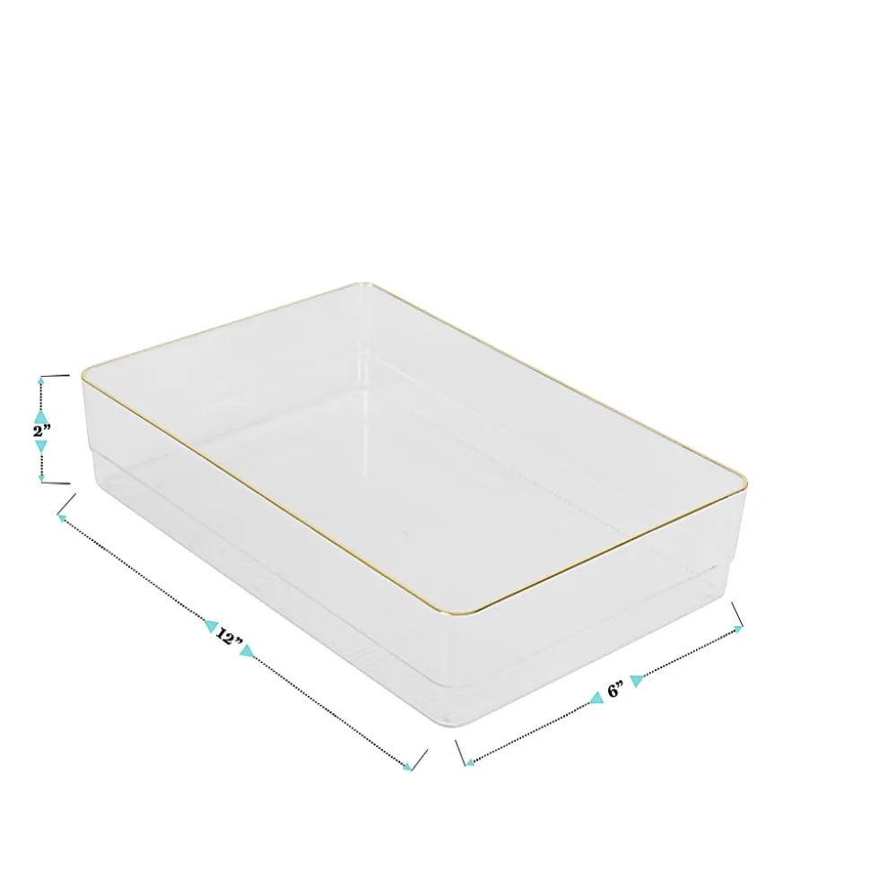 Martha Stewart Kerry Plastic Stackable Office Desk Drawer Organizers, 2"H x 6"W x 12"D, Clear/Gold Trim, Pack Of 3 Organizers