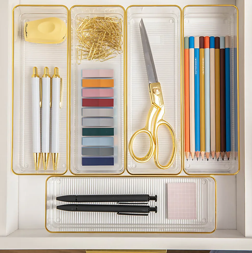 Martha Stewart Kerry Plastic Stackable Office Desk Drawer Organizers, 2"H x 3"W x 12"D, Clear/Gold Trim, Pack Of 6 Organizers