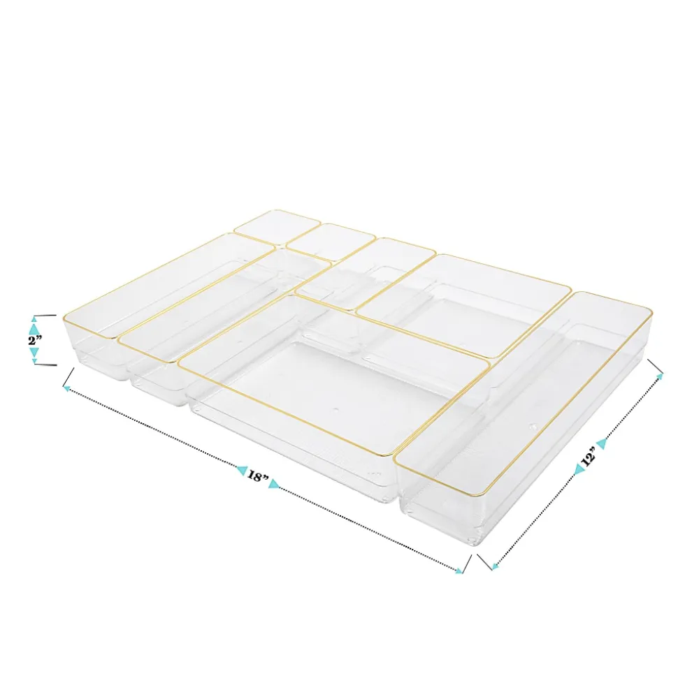 Martha Stewart Kerry Plastic Stackable Office Desk Drawer 8-Piece Organizer Set, Clear/Gold Trim