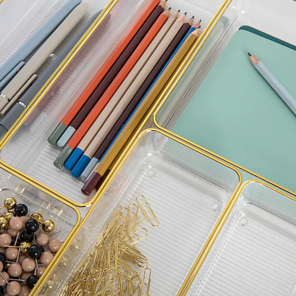 Martha Stewart Kerry Plastic Stackable Office Desk Drawer 8-Piece Organizer Set, Clear/Gold Trim