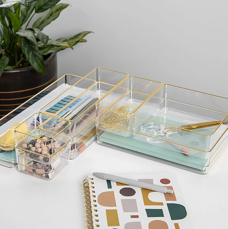 Martha Stewart Kerry Plastic Stackable Office Desk Drawer 8-Piece Organizer Set, Clear/Gold Trim