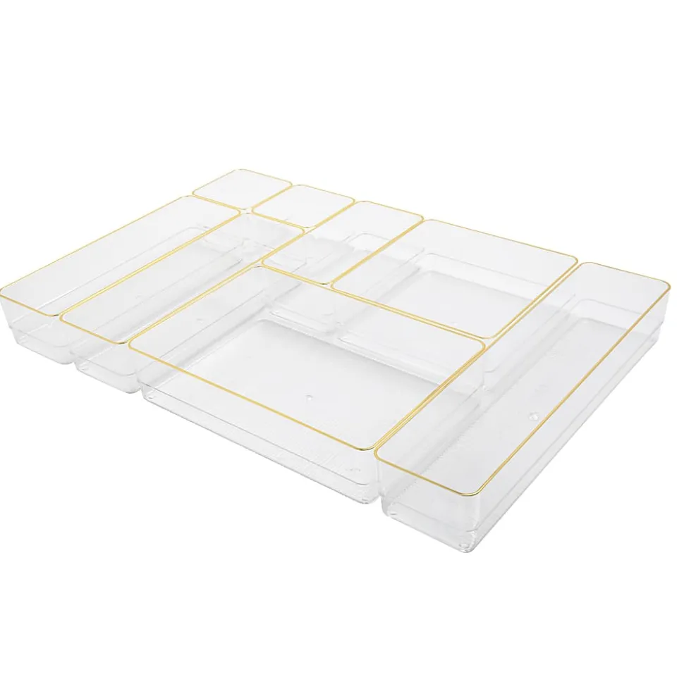 Martha Stewart Kerry Plastic Stackable Office Desk Drawer 8-Piece Organizer Set, Clear/Gold Trim