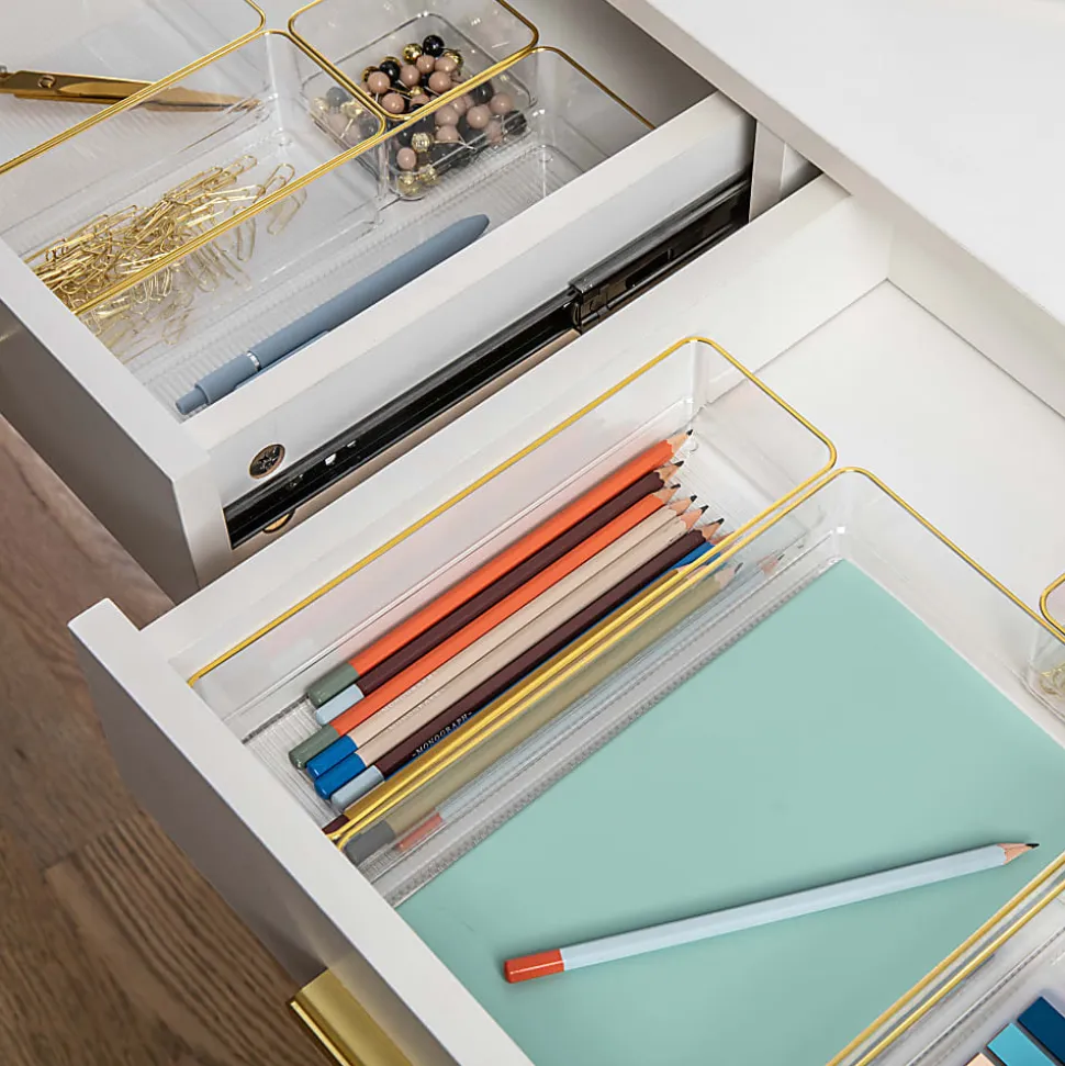 Martha Stewart Kerry Plastic Stackable Office Desk Drawer 8-Piece Organizer Set, Clear/Gold Trim