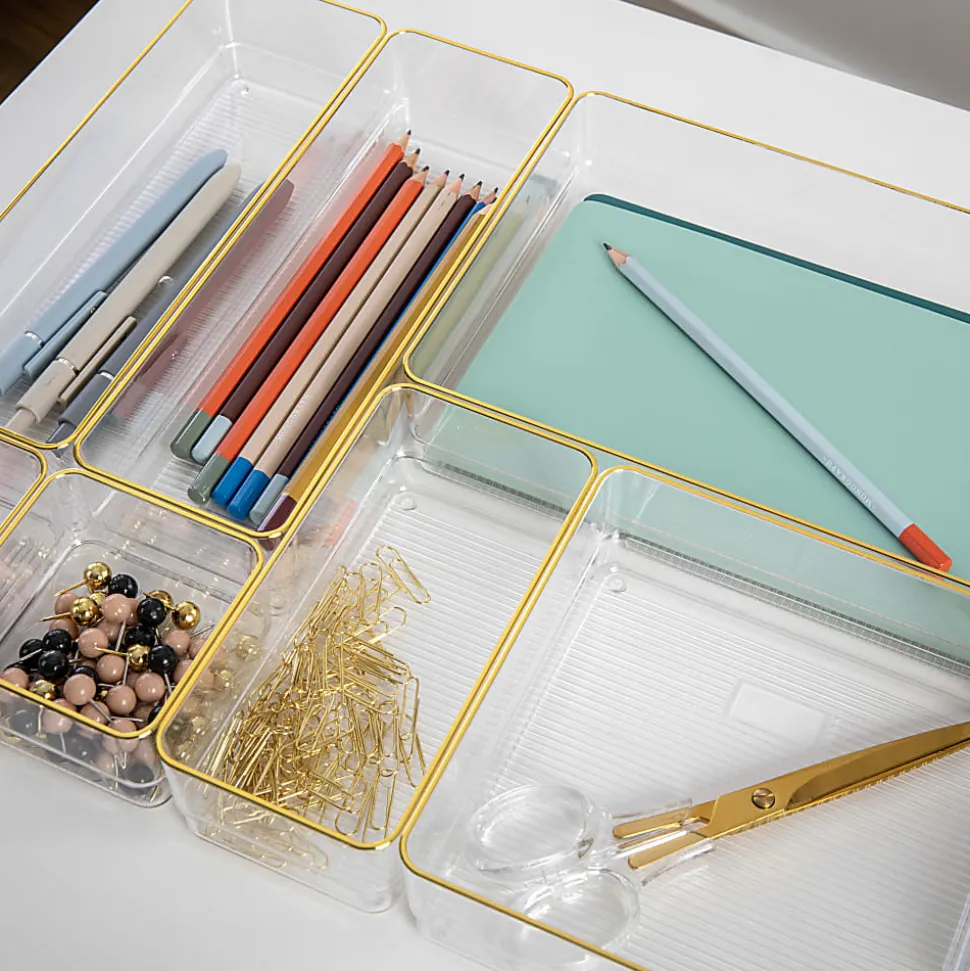 Martha Stewart Kerry Plastic Stackable Office Desk Drawer 8-Piece Organizer Set, Clear/Gold Trim