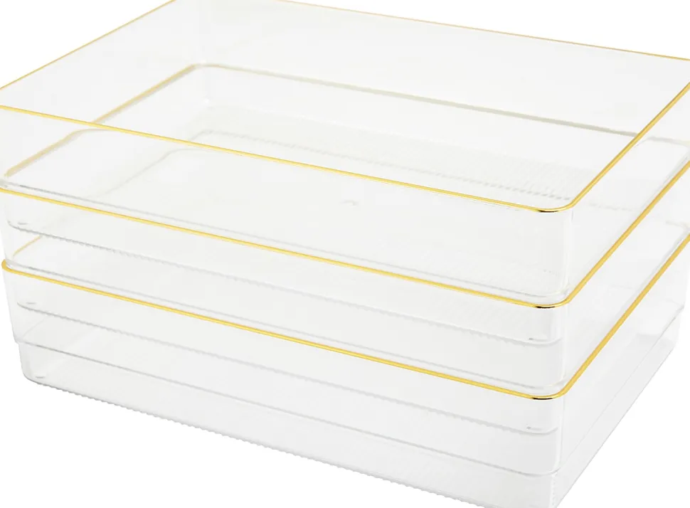 Martha Stewart Kerry Plastic Stackable Office Desk Drawer Organizers, 2"H x 6"W x 9"D, Clear/Gold Trim, Pack Of 3 Organizers