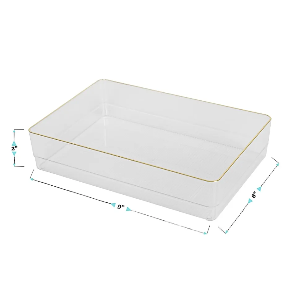 Martha Stewart Kerry Plastic Stackable Office Desk Drawer Organizers, 2"H x 6"W x 9"D, Clear/Gold Trim, Pack Of 3 Organizers
