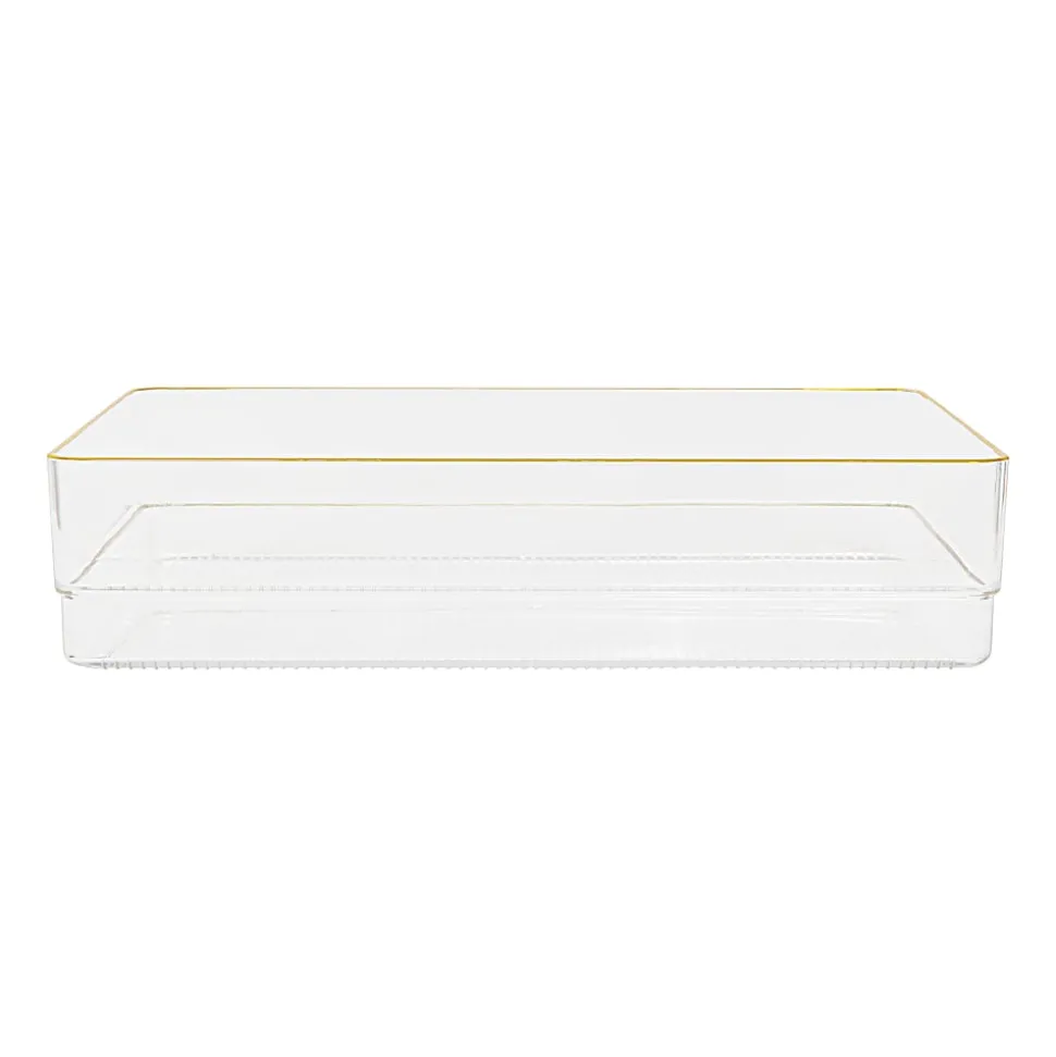 Martha Stewart Kerry Plastic Stackable Office Desk Drawer Organizers, 2"H x 6"W x 9"D, Clear/Gold Trim, Pack Of 3 Organizers