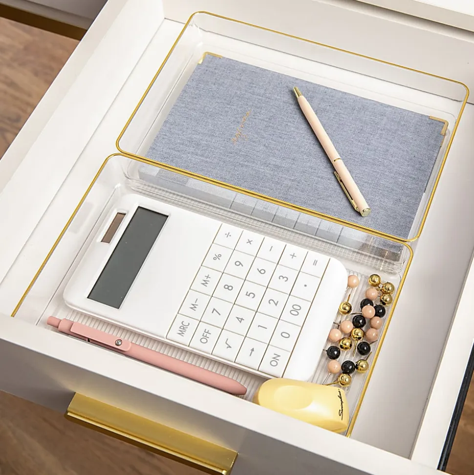 Martha Stewart Kerry Plastic Stackable Office Desk Drawer Organizers, 2"H x 6"W x 9"D, Clear/Gold Trim, Pack Of 3 Organizers