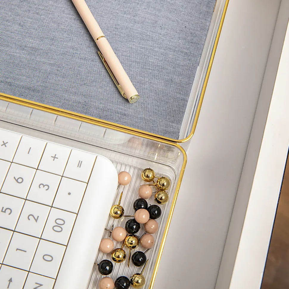Martha Stewart Kerry Plastic Stackable Office Desk Drawer Organizers, 2"H x 6"W x 9"D, Clear/Gold Trim, Pack Of 3 Organizers